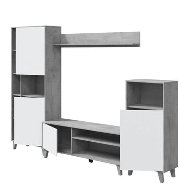 Eriksen White & Concrete Grey Effect Large TV Entertainment Wall Unit Cabinet - UK Luxury Furniture